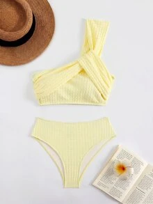 Costavie 女款夏季海灘純色單肩比基尼上衣與三角褲兩件式泳衣套裝 - 黃色 - 查看 4