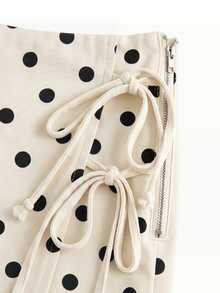 GlowEve CURVE Plus Size Women's Front Tie Polka Dot Denim Vest And Denim Skirt Set - Beige - View 4