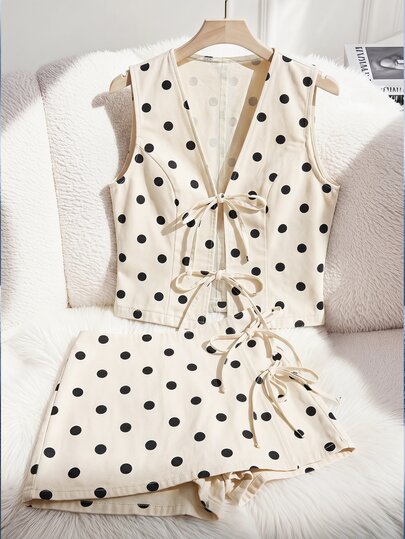 GlowEve CURVE Plus Size Women's Front Tie Polka Dot Denim Vest And Denim Skirt Set