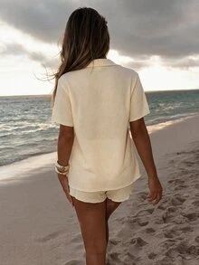 Sirith Summer Beach Women's Slouchy Top And Shorts Cover Up Set Wedding - Apricot - View 3