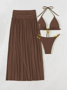 SHEIN Swim 3件套春假闪亮面料纯色三角吊带性感优雅度假比基尼套装，配不规则金属环和长款网纱沙滩裙，女士泳装 - 棕色 - 查看 4