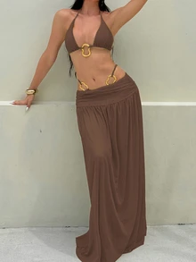 SHEIN Swim 3件套春假闪亮面料纯色三角吊带性感优雅度假比基尼套装，配不规则金属环和长款网纱沙滩裙，女士泳装 - 棕色 - 查看 1