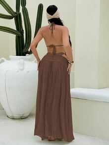 SHEIN Swim 3件套春假闪亮面料纯色三角吊带性感优雅度假比基尼套装，配不规则金属环和长款网纱沙滩裙，女士泳装 - 棕色 - 查看 2