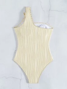 SHEIN Swim 1 件性感连体女式泳衣，贝壳和海星装饰，紧身海滩度假泳装夏季 - 米色 - 查看 4