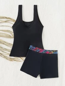 Swim Lushoire Holiday Floral Splice Two-Piece Swimwear Set,Summer Beach - Black - View 3
