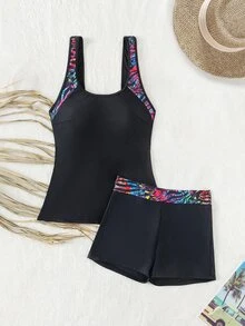 Swim Lushoire Holiday Floral Splice Two-Piece Swimwear Set,Summer Beach - Black - View 4