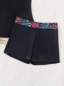 Swim Lushoire Holiday Floral Splice Two-Piece Swimwear Set,Summer Beach - Black - View 6