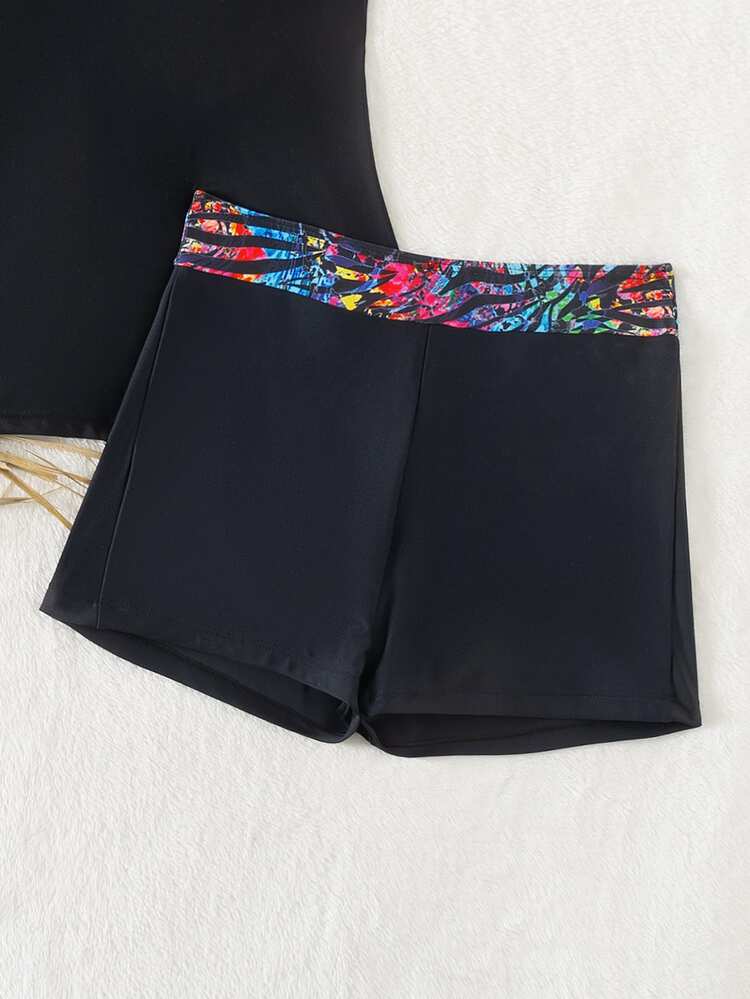 Swim Lushoire Holiday Floral Splice Two-Piece Swimwear Set,Summer Beach - Black - View 5