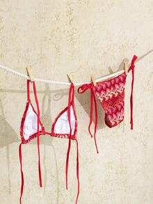 Swim Mod Women's Red Summer Boho Flowy Bikini Set, Halter Strap Triangle Swimwear,Textured Fabric Small Bust Flattering Beach Holiday Vacation Honeymoon - Red - View 2