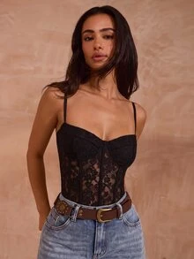 Opulessa Women's Solid Color Knit Lace Fitted Spaghetti Strap Camisole For Vacation - Black - View 5
