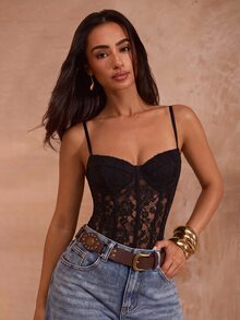 Opulessa Women's Solid Color Knit Lace Fitted Spaghetti Strap Camisole For Vacation - Black - View 1