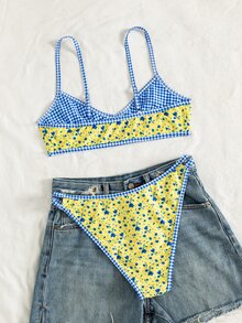 Swim Vcay 夏季度假海滩性感花卉格子双面吊带比基尼套装 - 彩色 - 查看 5