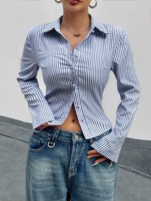 SHEIN French Style Slim Fit Long Sleeve Blue & White Striped Elegant Commuting Shirt For Women Fall Cloth For Women - Blue - View 3