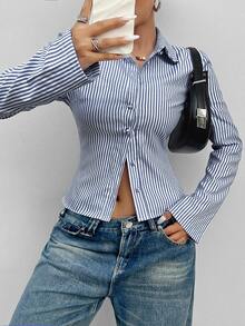 SHEIN French Style Slim Fit Long Sleeve Blue & White Striped Elegant Commuting Shirt For Women Fall Cloth For Women - Blue - View 6