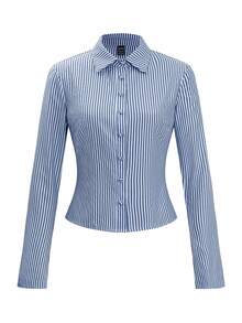 SHEIN French Style Slim Fit Long Sleeve Blue & White Striped Elegant Commuting Shirt For Women Fall Cloth For Women - Blue - View 8