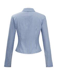 SHEIN French Style Slim Fit Long Sleeve Blue & White Striped Elegant Commuting Shirt For Women Fall Cloth For Women - Blue - View 9