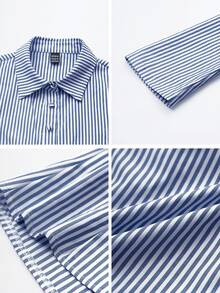 SHEIN French Style Slim Fit Long Sleeve Blue & White Striped Elegant Commuting Shirt For Women Fall Cloth For Women - Blue - View 10