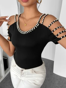 SHEIN Spring & Summer New Round Neck Pearl Strap Fitted Women T-Shirt, Random Pearl Design - Black - View 7