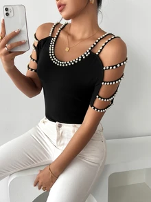 SHEIN Spring & Summer New Round Neck Pearl Strap Fitted Women T-Shirt, Random Pearl Design - Black - View 3