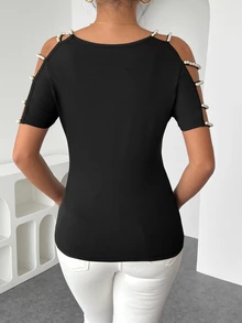 SHEIN Spring & Summer New Round Neck Pearl Strap Fitted Women T-Shirt, Random Pearl Design - Black - View 4
