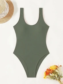 Swim Chiccia 1pc/Set Women's Solid Color Round Neck One-Piece Swimsuit For Summer - Army Green - View 2