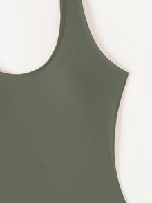 Swim Chiccia 1pc/Set Women's Solid Color Round Neck One-Piece Swimsuit For Summer - Army Green - View 4