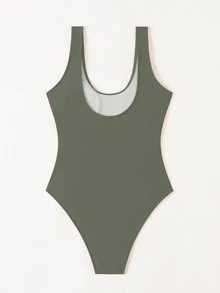 Swim Chiccia 1pc/Set Women's Solid Color Round Neck One-Piece Swimsuit For Summer - Army Green - View 3