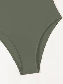 Swim Chiccia 1pc/Set Women's Solid Color Round Neck One-Piece Swimsuit For Summer - Army Green - View 5
