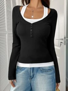 SHEIN Kaos Lengan Panjang Gaya Retro Amerika dengan Blok Warna, Atasan Pullover Kasual, Pakaian Musim Gugur Slim Fit untuk Wanita - Hitam - View 8