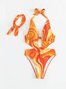 SHEIN Swim 夏季海灘全印花露肩一片式游泳衣，帶髮帶 - 彩色 - 查看 4