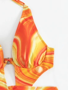 SHEIN Swim 夏季海灘全印花露肩一片式游泳衣，帶髮帶 - 彩色 - 查看 5