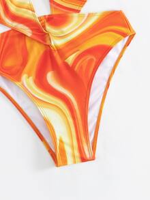 SHEIN Swim 夏季海灘全印花露肩一片式游泳衣，帶髮帶 - 彩色 - 查看 6