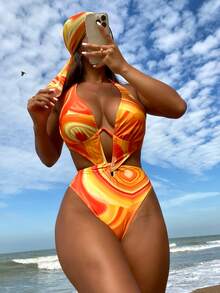 SHEIN Swim 夏季海灘全印花露肩一片式游泳衣，帶髮帶 - 彩色 - 查看 1