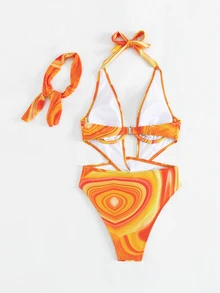 SHEIN Swim 夏季海灘全印花露肩一片式游泳衣，帶髮帶 - 彩色 - 查看 7