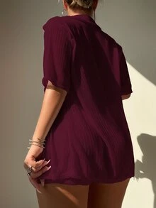 Swim Lushoire 2pcs Women Short Sleeve Top And Shorts Set, Solid Color Summer - Burgundy - View 2