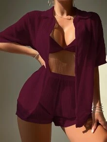 Swim Lushoire 2pcs Women Short Sleeve Top And Shorts Set, Solid Color Summer - Burgundy - View 1