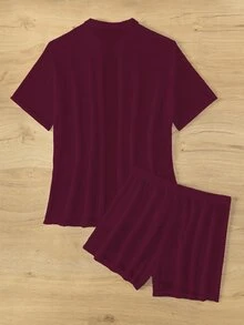 Swim Lushoire 2pcs Women Short Sleeve Top And Shorts Set, Solid Color Summer - Burgundy - View 3