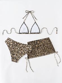 SHEIN Swim 3 件套女士豹纹吊带三角杯网纱裙式侧系带比基尼泳装夏季 - 彩色 - 查看 4