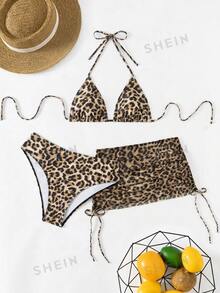 SHEIN Swim 3 件套女士豹纹吊带三角杯网纱裙式侧系带比基尼泳装夏季 - 彩色 - 查看 6