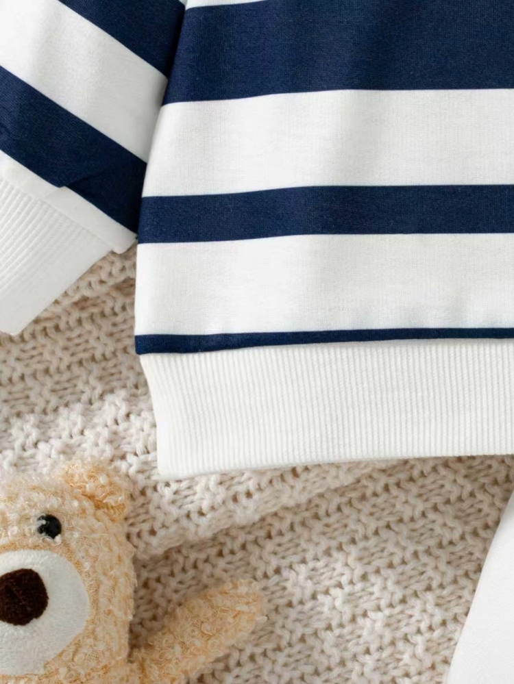 SHEIN 2pcs Newborn Baby Boy Sweatshirt Pants Set Cute Preppy Navy Red White Striped Horse Print Long Sleeve Crew Neck First Birthday Fall Jogging Cozy Gift - Navy Blue - View 3