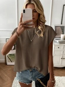 SHEIN 女士休闲通勤简约纯色短袖宽松针织毛衣背心 - 摩卡棕 - 查看 4