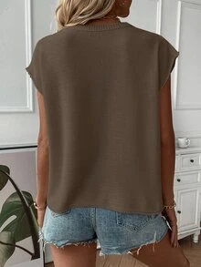 SHEIN 女士休闲通勤简约纯色短袖宽松针织毛衣背心 - 摩卡棕 - 查看 2