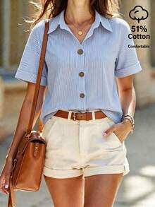 EMERY ROSE Women's Basic Striped Short Sleeve Cotton Shirt, Summer - Blue and White - View 1