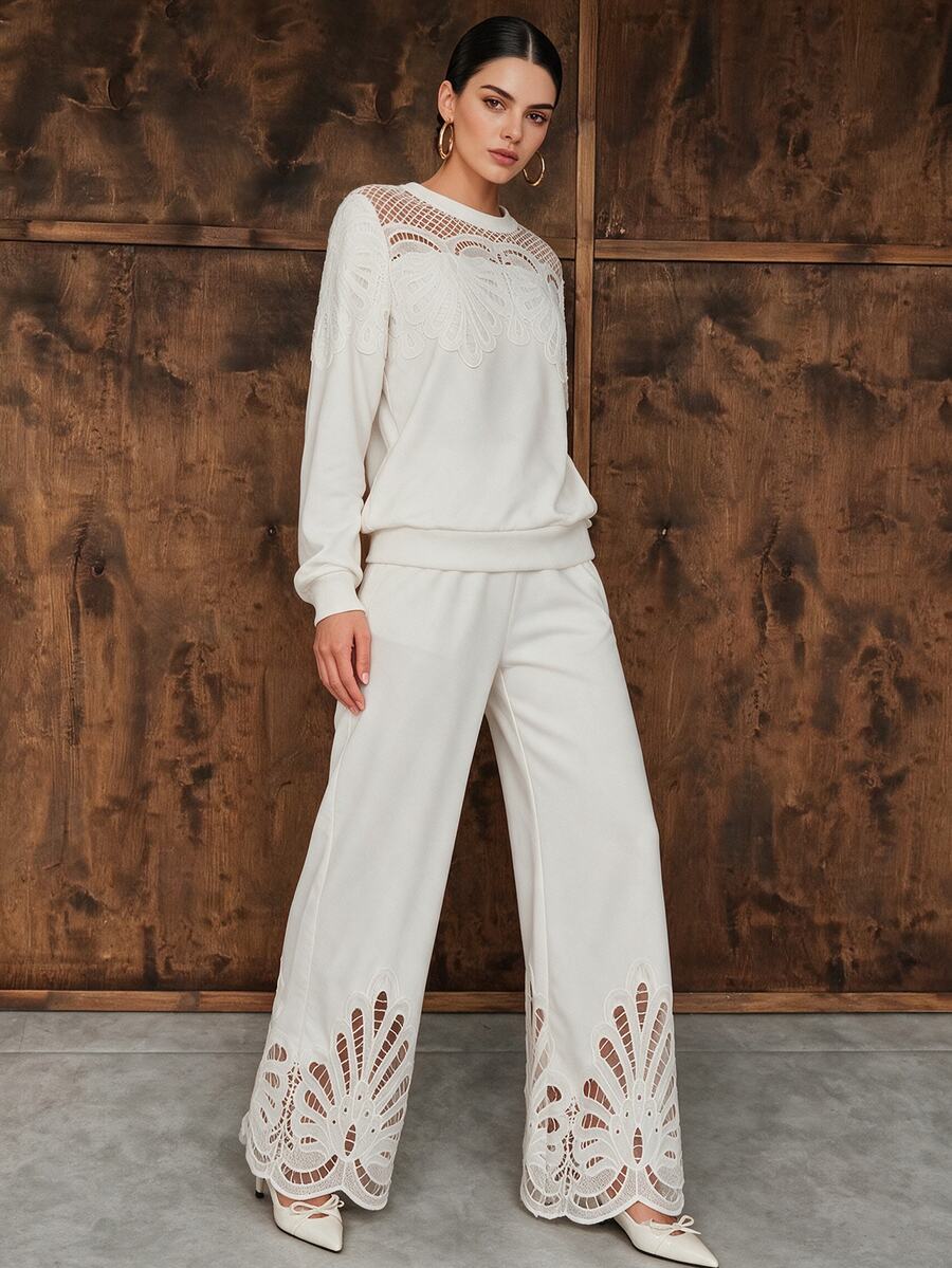 Anewsta Women's Elastic Waist Embroidered Lace Sweatpants, Casual Daily Commute Vacation Travel - White - View 1