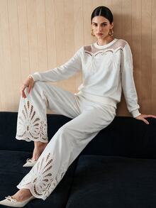 Anewsta Women's Elastic Waist Embroidered Lace Sweatpants, Casual Daily Commute Vacation Travel - White - View 3
