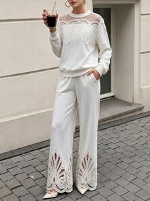 Anewsta Women's Elastic Waist Embroidered Lace Sweatpants, Casual Daily Commute Vacation Travel - White - View 7