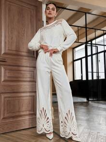 Anewsta Women's Elastic Waist Embroidered Lace Sweatpants, Casual Daily Commute Vacation Travel - White - View 4