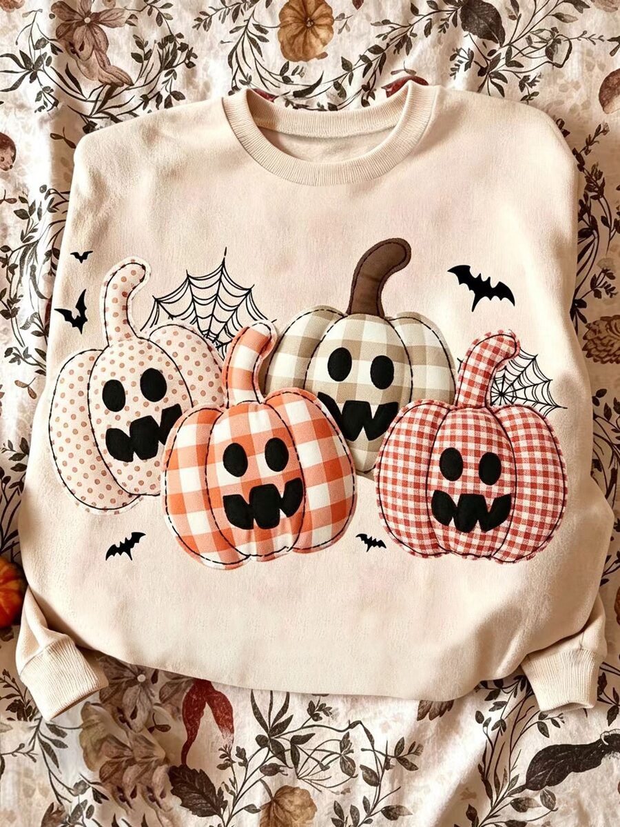 INAWLY Women's Sweatshirt, Loose Fit Crew Neck, Thanksgiving Casual Cute Minimalist Style, Daily Fall Tops, Pumpkin Pattern Everyday Beige - Apricot - View 1