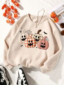 INAWLY Women's Sweatshirt, Loose Fit Crew Neck, Thanksgiving Casual Cute Minimalist Style, Daily Fall Tops, Pumpkin Pattern Everyday Beige - Apricot - View 4