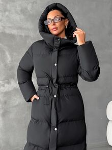 Rafferiza Black Longline Hooded Padded Coat With Concealed Zip And Snap Closure, Insulated Minimal Matte Winter Jacket, Sleek Structured Cold Weather Essential Outerwear - Black - View 5